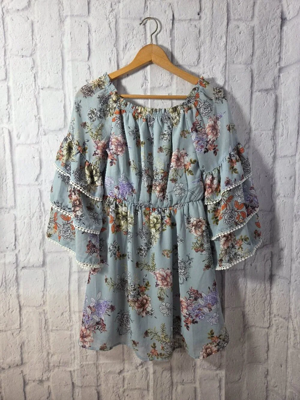 Bailey Blue Small Blue Floral Bell Sleeve Off the Shoulder Babydoll Mini Dress